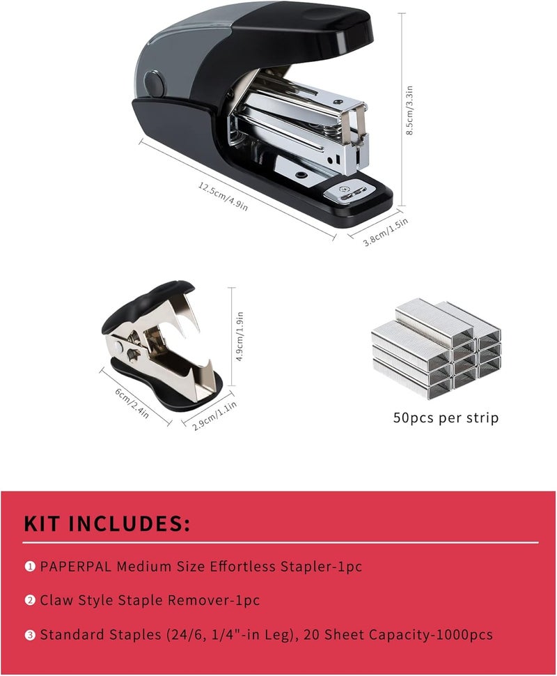PAPERPAL Effortless Standard Stapler Set, 20 Sheet Capacity, Half Strip with Built-in Staples Storage, Includes 1000 pcs 1/4“ Staples & A Staple Remover, for Office, School & Personal Use, Black - Image 2